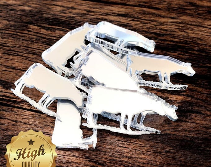 Cow Shaped Crafting Mirrors, Custom Colours, Woods, Sizes, Shapes, (Holes for Jewellery or hoops for invites) Packs of 10