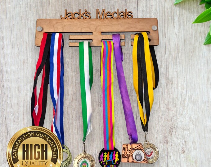 Wooden Customised Name Medal Hangers, With Customised Name, Sport, Colours & Woods, Includes all Fixings, Large Sizes Made