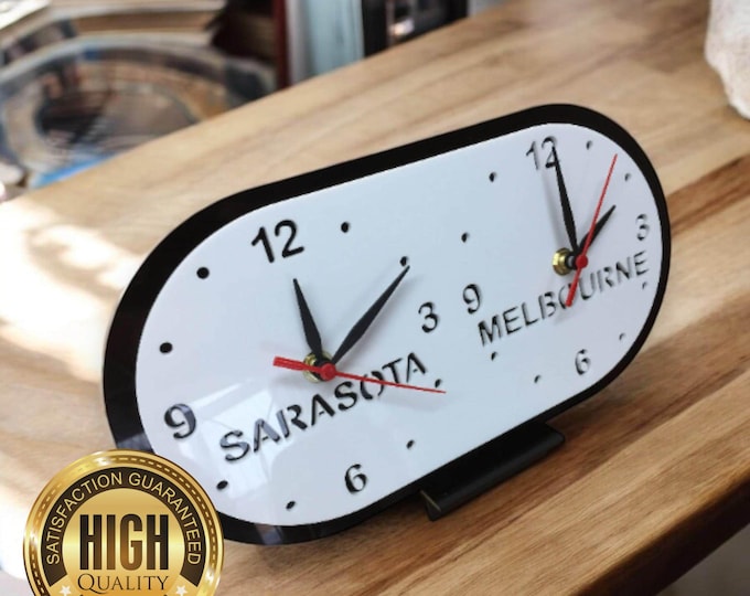 Custom Two Time Zone Clocks - Countries / Places or Friends & Family Names, Horizontal or Vertical, Custom Colours or Woods