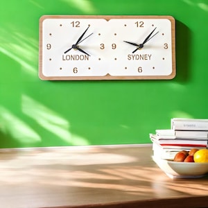 Bespoke Square TWO or THREE Time Zone Clocks, Vertical or Horizontal - Colour Wood Finishes, Bespoke Shapes & Sizes up to 40cm