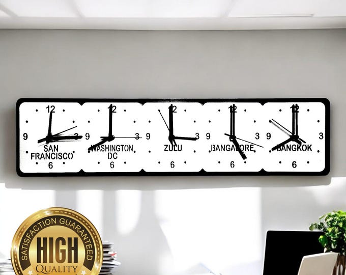Personalized Five Time Zone Clocks - Customizable Colors & Names, Silent Sweep Movement, Eco-Friendly Materials, Handmade in the UK