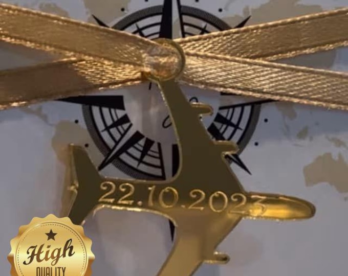 Aeroplane Shaped Invitation Charms, 4cm Gold Mirror with Hoops & Wedding Dates