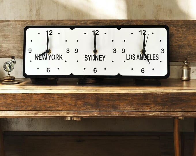 Custom Three Time Zone Acrylic Clock: Personalized Family Names, Silent Sweep