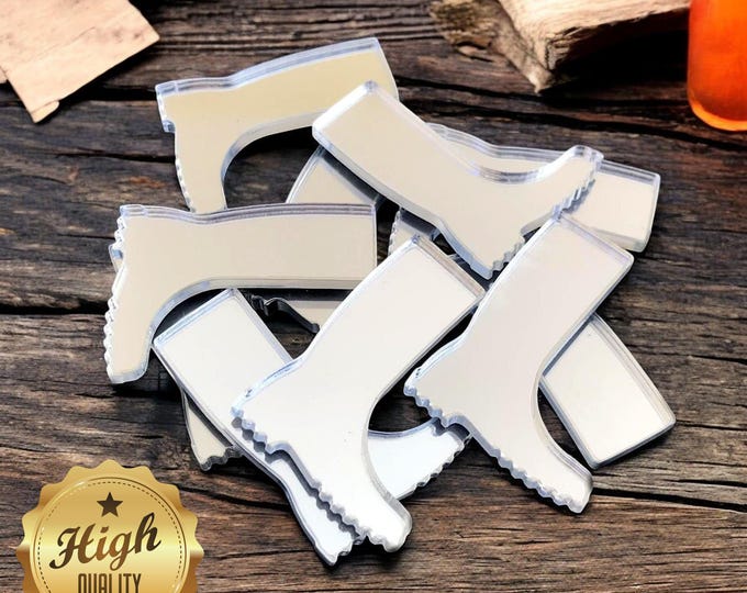 Wellies Boot Shaped Crafting Mirrors, Custom Colours, Woods, Sizes, Shapes, (Holes for Jewellery or hoops for invites) Packs of 10