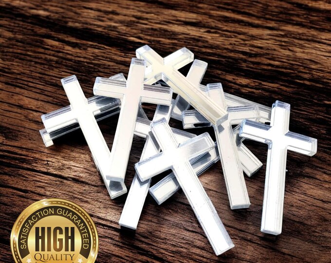 Christian Cross Shaped Crafting Mirrors, Custom Colours, Woods, Sizes, Shapes, (Holes for Jewellery or hoops for invites) Packs of 10