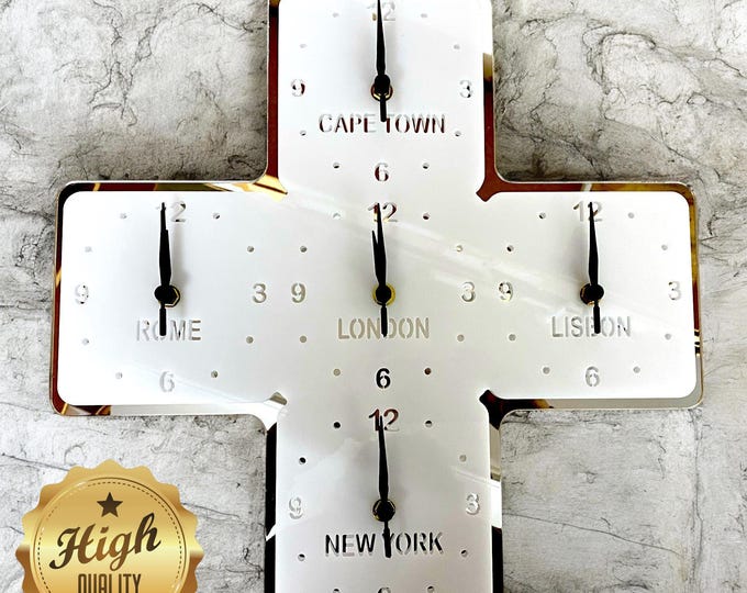Custom Personalised Multi Time Zone Clocks - Silent Sweep Movement, Recycled Acrylic or Wooden Veneer, Desk Stand Included