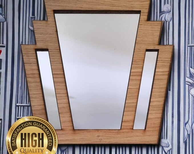 Rectangle Fan Art Deco Wooden Mirrors, Choice of Oak, Walnut or Cherry, Hooks included, Custom Sizes Shapes Colours Made