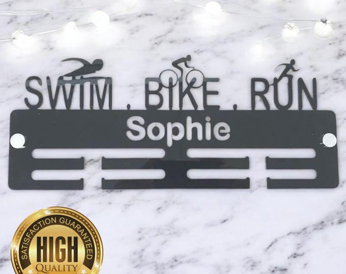 Swim, Bike, Run Medal Hangers, With Customised Name, Sport, Colours & Woods, Includes all Fixings, Large Sizes Made