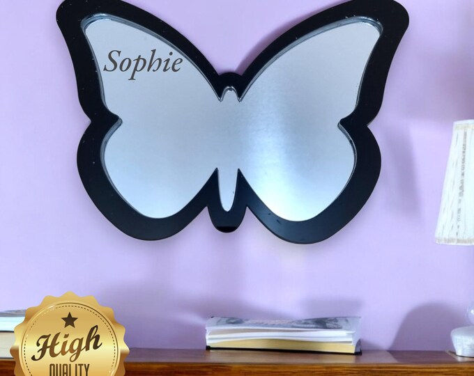 Butterfly Shaped Mirrors with a Colour Frame of your choice & Hooks, Bespoke Shapes Made (Engraving Services)
