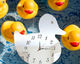 Duck Shaped Clocks - Many colour mirrors and solid colour choices, Personalised Engraving and Bespoke Shapes & Sizes Made