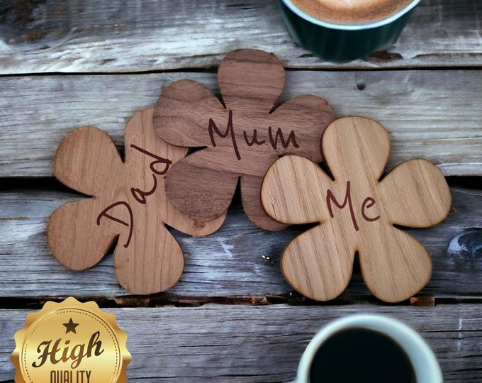 Daisy Wooden Finish Coasters, Sets of 4, 6 or 8 (12cm 4.5") Wood Colour Options. (Engraving Services)