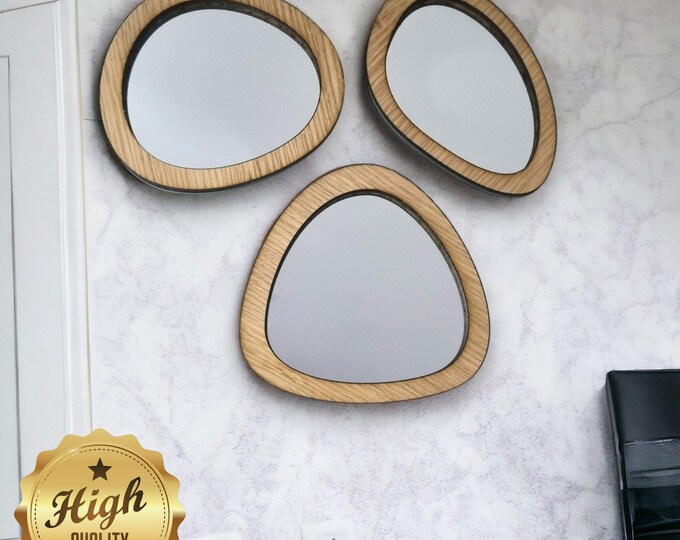 Group of Three Pebble Wooden Framed Mirrors, Choice of Oak, Walnut or Cherry, Hooks included, Custom Sizes Shapes Colours Made