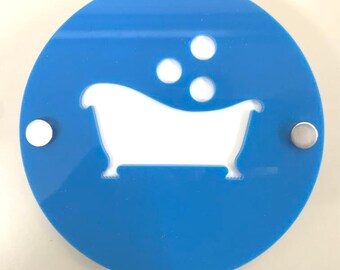 Round Bathroom "Bath & Bubbles" Sign Orange Gloss Finish & Chrome Fixings 