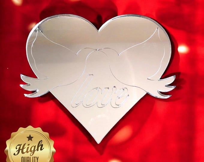 Heart & Doves Love Mirrors, Custom Colours, Sizes, Shapes, Engraving Services, Sizes up to 40cm