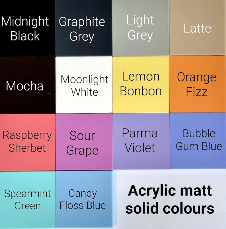 May include: A color chart showing 16 acrylic paint colors in a 4x4 grid. The colors are: Midnight Black, Graphite Grey, Light Grey, Latte, Mocha, Moonlight White, Lemon Bonbon, Orange Fizz, Raspberry Sherbet, Sour Grape, Parma Violet, Bubble Gum Blue, Spearmint Green, Candy Floss Blue, and Acrylic Matt Solid Colors.