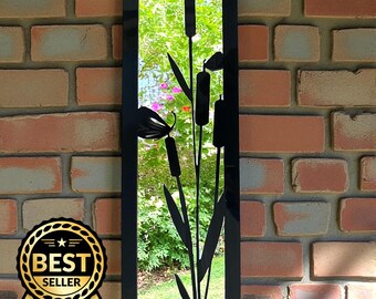 Bulrushes Rectangular Garden Mirror: Custom Framed Acrylic Mirror with Engraving, Colours