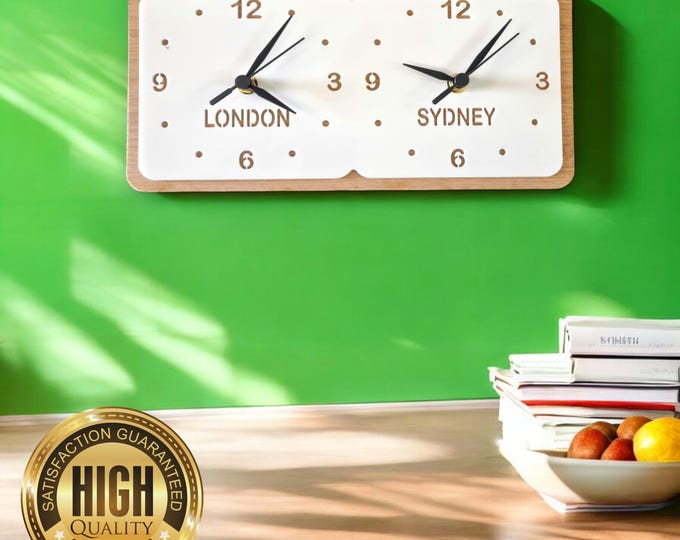 Bespoke Square TWO, THREE, or FOUR Time Zone Clocks, Vertical or Horizontal - Colour Wood Finishes, Bespoke Shapes & Large Sizes