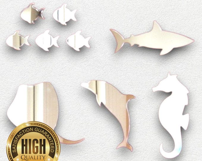 Set of 9 Mirrors, Dolphin, Seahorse, Stingray, Shark and 5 small Fishes, Custom Colours, Sizes, Shapes, Sizes up to 40cm