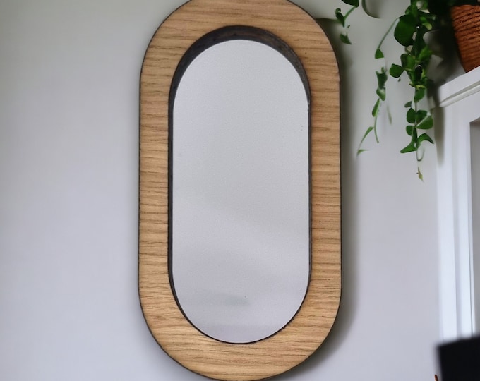 Pill Shaped Wooden Framed Mirror: Oak, Walnut, or Cherry