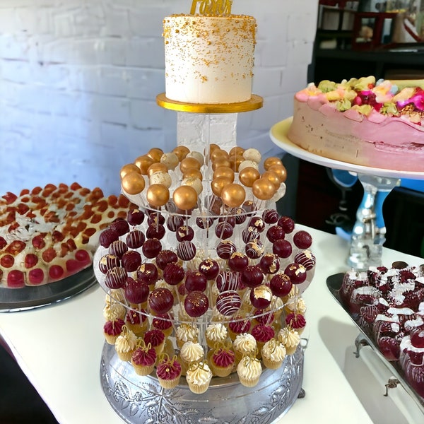 Round Clear Tiered Cake Pop / Wedding Cake Stands.  Bespoke Size/Colours/Engraving Stands Made to Order