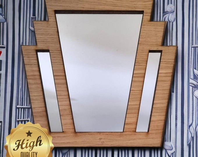 Rectangle Fan Art Deco Wooden Mirrors, Choice of Oak, Walnut or Cherry, Hooks included, Custom Sizes Shapes Colours Made
