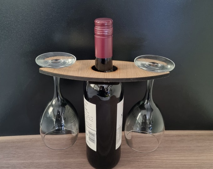 Customised Two Wine Glasses Holder for Champagne & Wine Bottles, Choice of Woods and acrylic colours. Bespoke Shapes Made 22.5x10cm 8.5"x4"