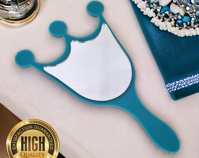 Custom Regal Crown Shaped Hand Held Mirrors - Safe Acrylic & Wood Finish Vanity Mirrors with Engraving Options, Eco-Friendly - Recyclable