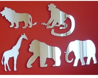 Set of 5 Safari Animal Mirrors, Lion, Giraffe, Monkey, Gorilla & Elephant, Bespoke Shapes Made