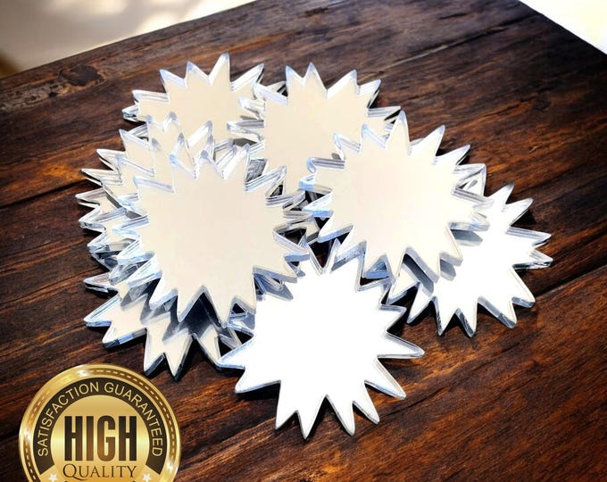 Starburst Shaped Crafting Mirrors, Custom Colours, Woods, Sizes, Shapes, (Holes for Jewellery or hoops for invites) Packs of 10