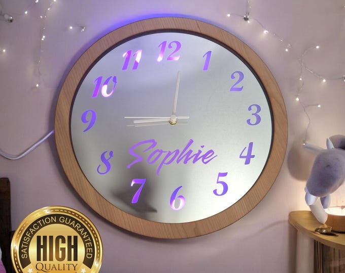 Mirrored Round Numbered Clocks With Wooden Frames - Custom Wood Finish Colours, Shapes & Sizes Made, Engraving Services