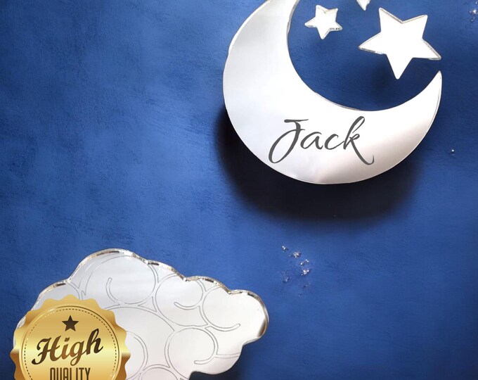 Custom Engraved Cloud Mirrors with Moon & Stars, Various Colours, Shapes - Sizes, Eco-Friendly Acrylic, Hanging Instructions Included
