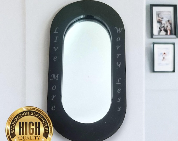 Pill Shaped Mirrors with a Colour Frame of your choice & Hooks, Bespoke Shapes Made (Engraving Services)