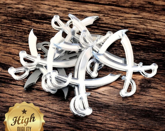 Crossed Swords Pirate Cutlass Shaped Mirrors, Custom Colours, Woods, Sizes, Shapes, (Holes for Jewellery or hoops for invites) Packs of 10