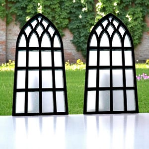 Pair of Church Pointed Gothic Arch Design Framed Garden Mirrors, Large Sizes, Black Framed, Engraving Services (Indoor & Outdoor Use)