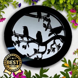 Birds Garden Mirrors, Large Sizes, Black Framed, Engraving Services (Indoor & Outdoor Use)