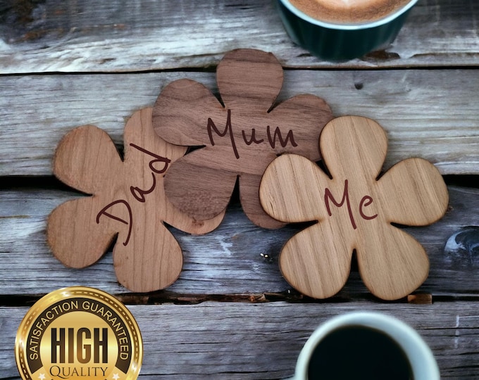 Daisy Wooden Finish Coasters, Sets of 4, 6 or 8 (12cm 4.5") Wood Colour Options. (Engraving Services)