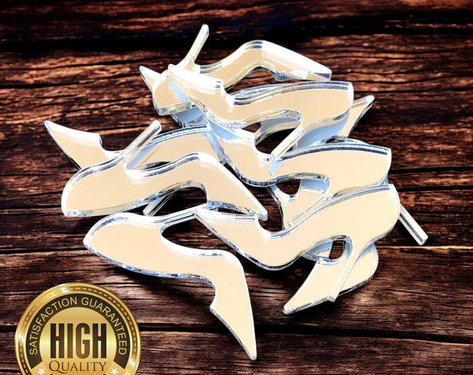 High Heel Shoes Shaped Crafting Mirrors, Custom Colours, Woods, Sizes, Shapes, (Holes for Jewellery or hoops for invites) Packs of 10