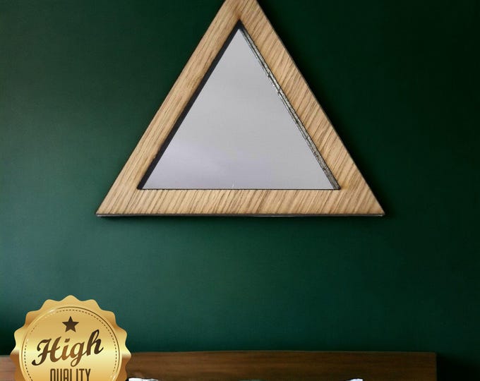 Triangle Wooden Framed Mirrors, Choice of Oak, Walnut or Cherry, Hooks included, Custom Sizes Shapes Colours Made