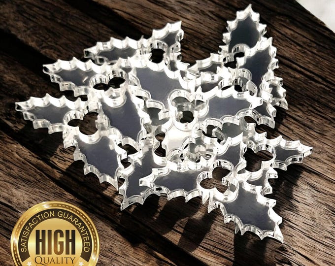 Christmas Holly Shaped Crafting Mirrors, Custom Colours, Woods, Sizes, Shapes, (Holes for Jewellery or hoops for invites) Packs of 10