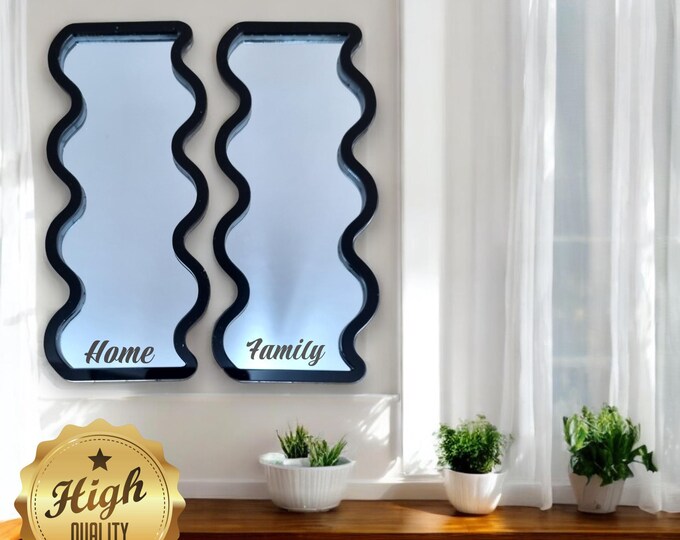 Pair of Wavy Shaped Mirrors with a Colour or Wood Frame of your choice & Hooks, Bespoke Shapes Made (Engraving Services)