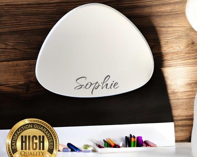 Triangular Pebble Shaped Mirrors with White Backing & Hooks, Bespoke Shapes Made, Engraving Services