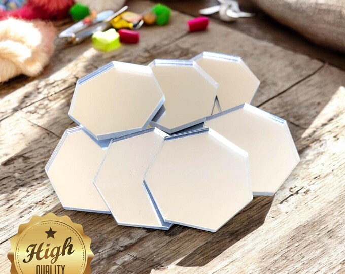 Heptagon Shaped Crafting Mirrors, Custom Colours, Woods, Sizes, Shapes, (Holes for Jewellery or hoops for invites) Packs of 10