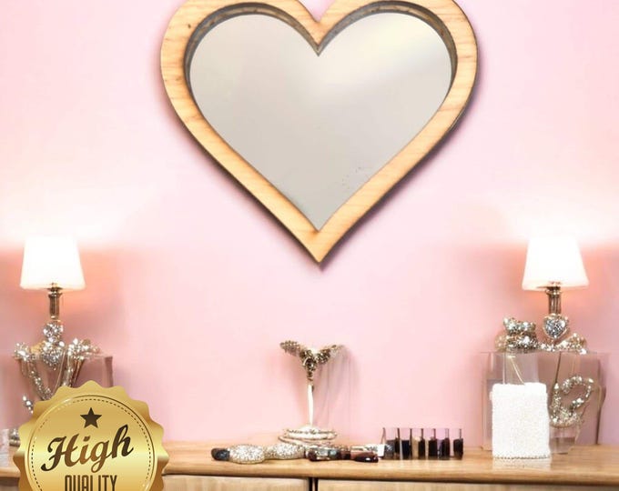 Heart Wooden Framed Mirrors, Choice of Oak, Walnut or Cherry, Hooks included, Custom Sizes Shapes Colours Made