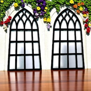 Pair of Church Pointed Gothic Arch Design Framed Garden Mirrors, Custom Colours, Sizes up to 58cm, Engraving Services (Indoor & Outdoor Use)