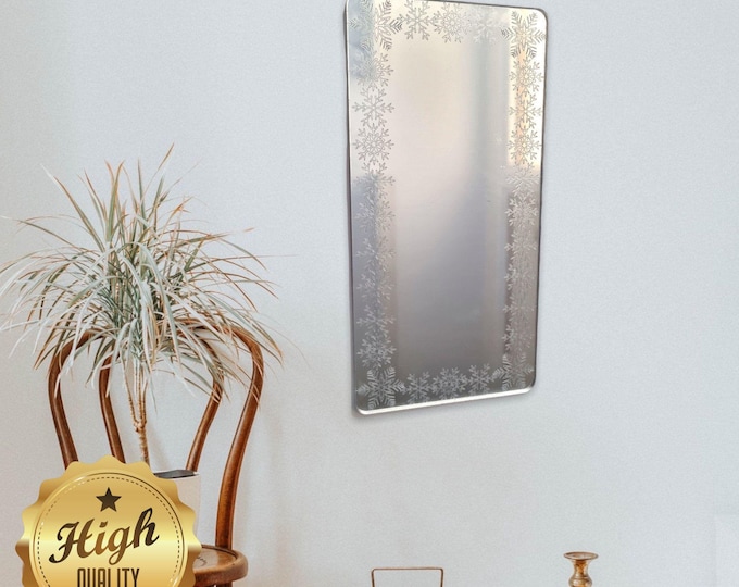 Snowflake Engraved Rectangle Shaped Mirrors with White Backing & Hooks, Custom Colours, Sizes, Shapes