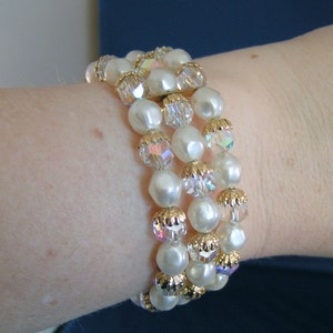 Vintage Faux Pearl / Crystal Expansion Bracelet & Clip Earrings Set image 4