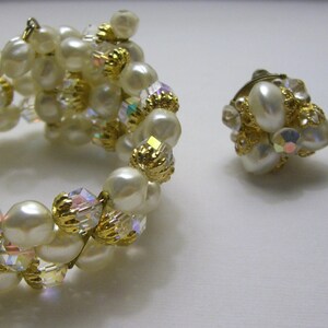 Vintage Faux Pearl / Crystal Expansion Bracelet & Clip Earrings Set image 3