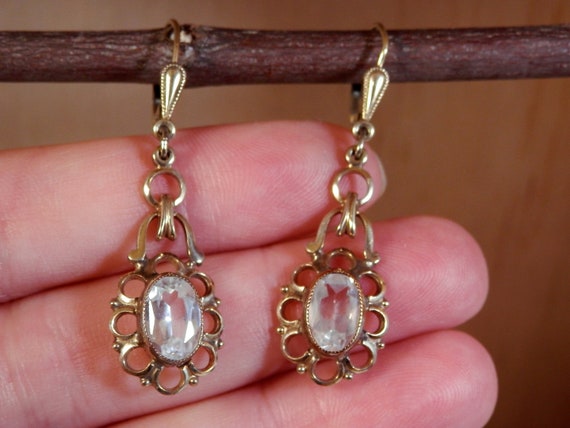 Vintage Gold and White Sapphire Drop Earrings - image 2