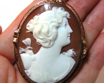 May include: A cameo brooch featuring a woman's profile carved in white shell, set in a gold-toned filigree frame.