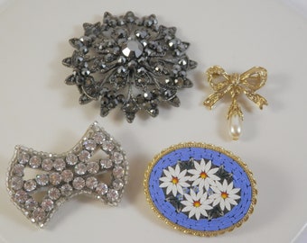 Vintage Pin Lot of 4: Rhinestone, Mosaic, Pearl